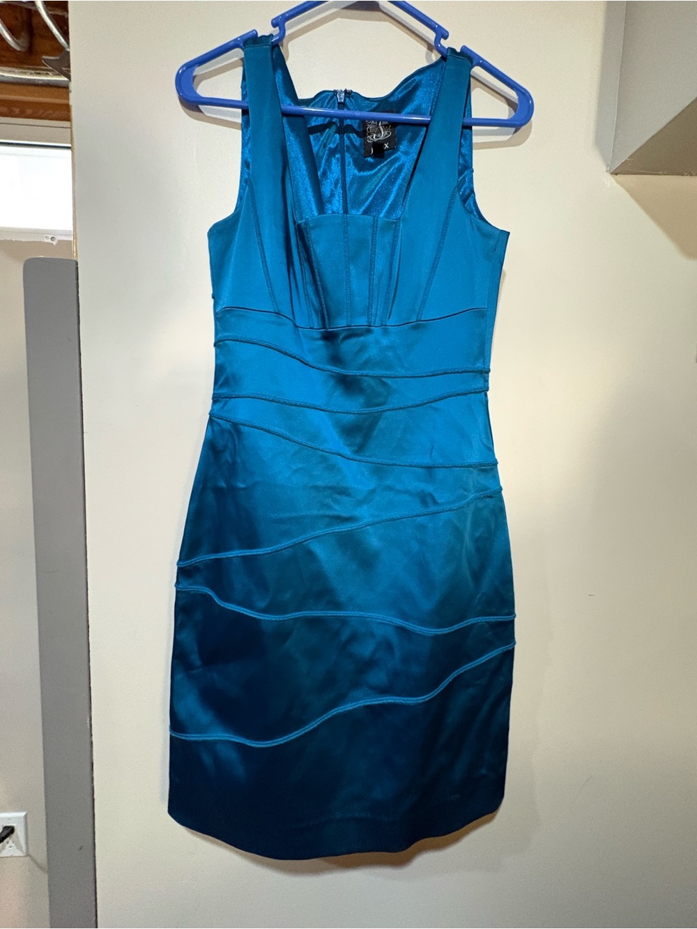 Jax Teal Satin Wave-Seamed Midi Dress